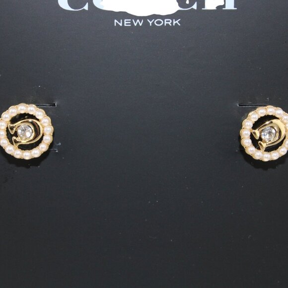 Coach Signature C Gold-Tone Crystal & Pearl Circle Stud Earrings – New on Card - Picture 7 of 16
